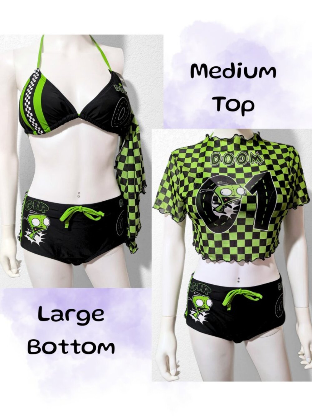 NWT Invader Zim GIR Hot Topic Bikini Swim Set M Top L Bottom Y2K Emo Scene Rave